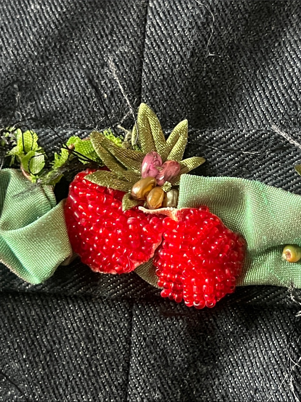 RARE MARY FRANCES Black Denim Jacket with Beaded/Embellished Fruits Size Small - Picture 11 of 16